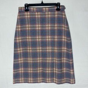 Vintage 3D Fashions Blue Pink Plaid Knee Length Wool Blend Pencil Skirt L